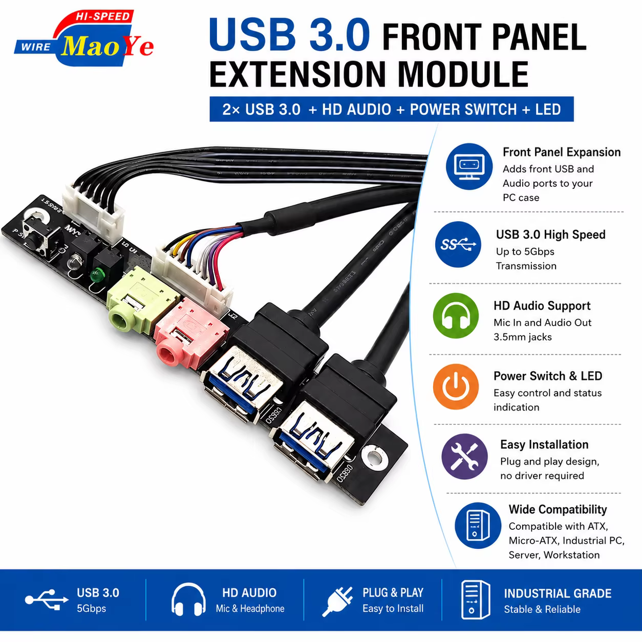 Front Panel I/O Board 2 Port USB 3.0 HD Audio Power Switch Extension Cable for ATX Micro ATX Industrial PC Server NAS DIY Case