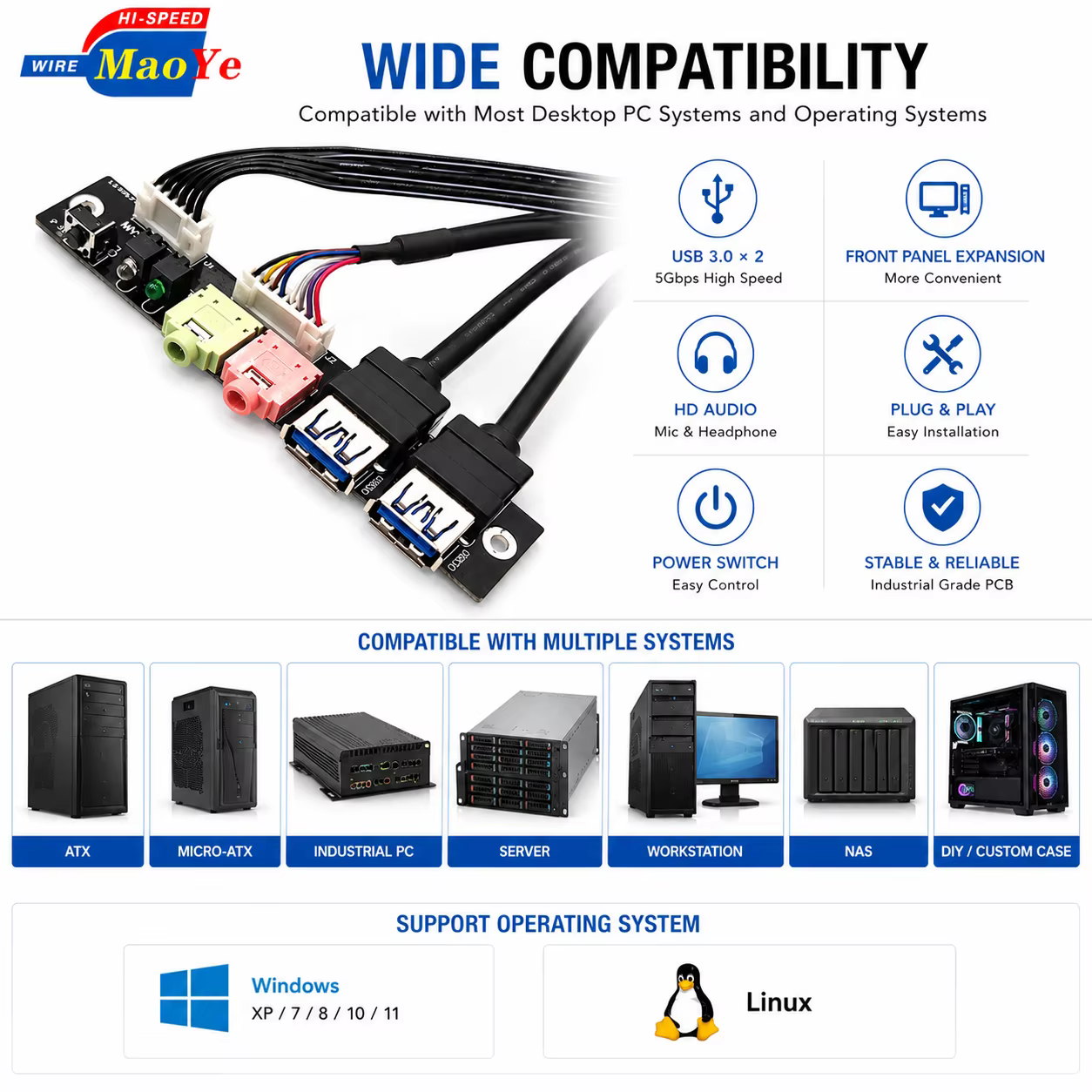 Front Panel I/O Board 2 Port USB 3.0 HD Audio Power Switch Extension Cable for ATX Micro ATX Industrial PC Server NAS DIY Case