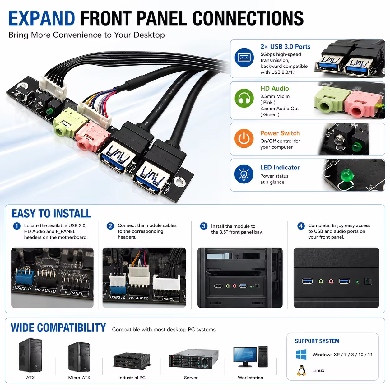 USB 3.0 Front Panel Expansion Module with HD Audio Power Switch for Desktop PC ATX Micro ATX Computer Case
