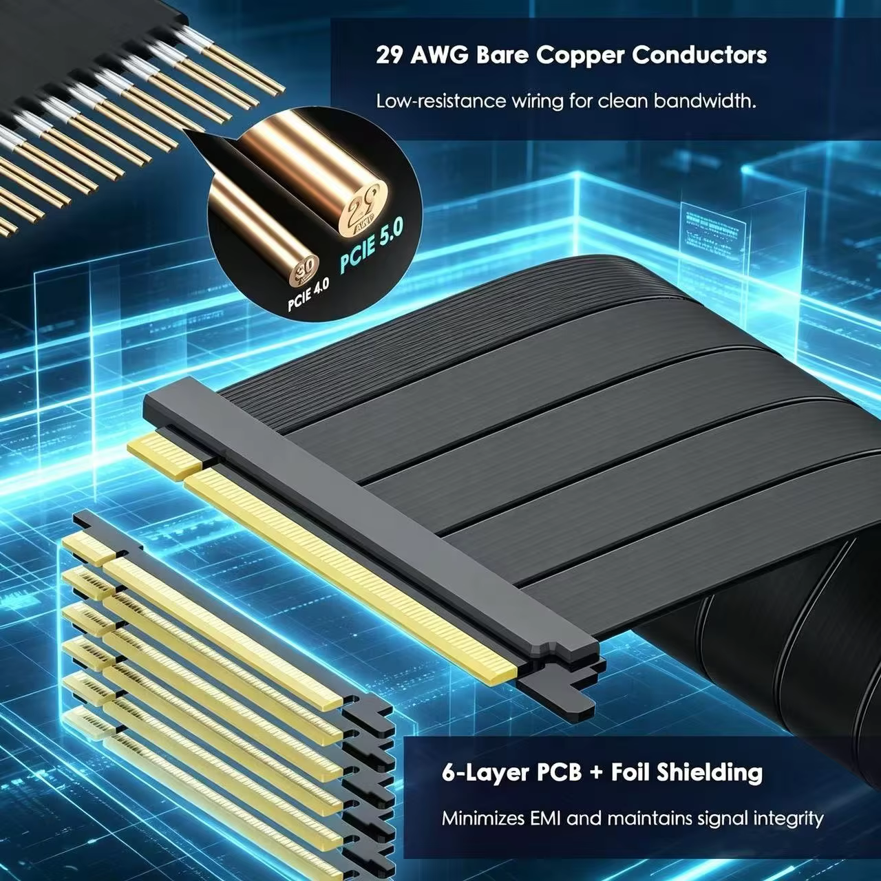 GPU Extension PCIe 5.0 Gen5 X16 Riser Cable All GPU Compatible 200mm 128 Gbps 6 Layer ENIG PCB Silver Plated Copper High