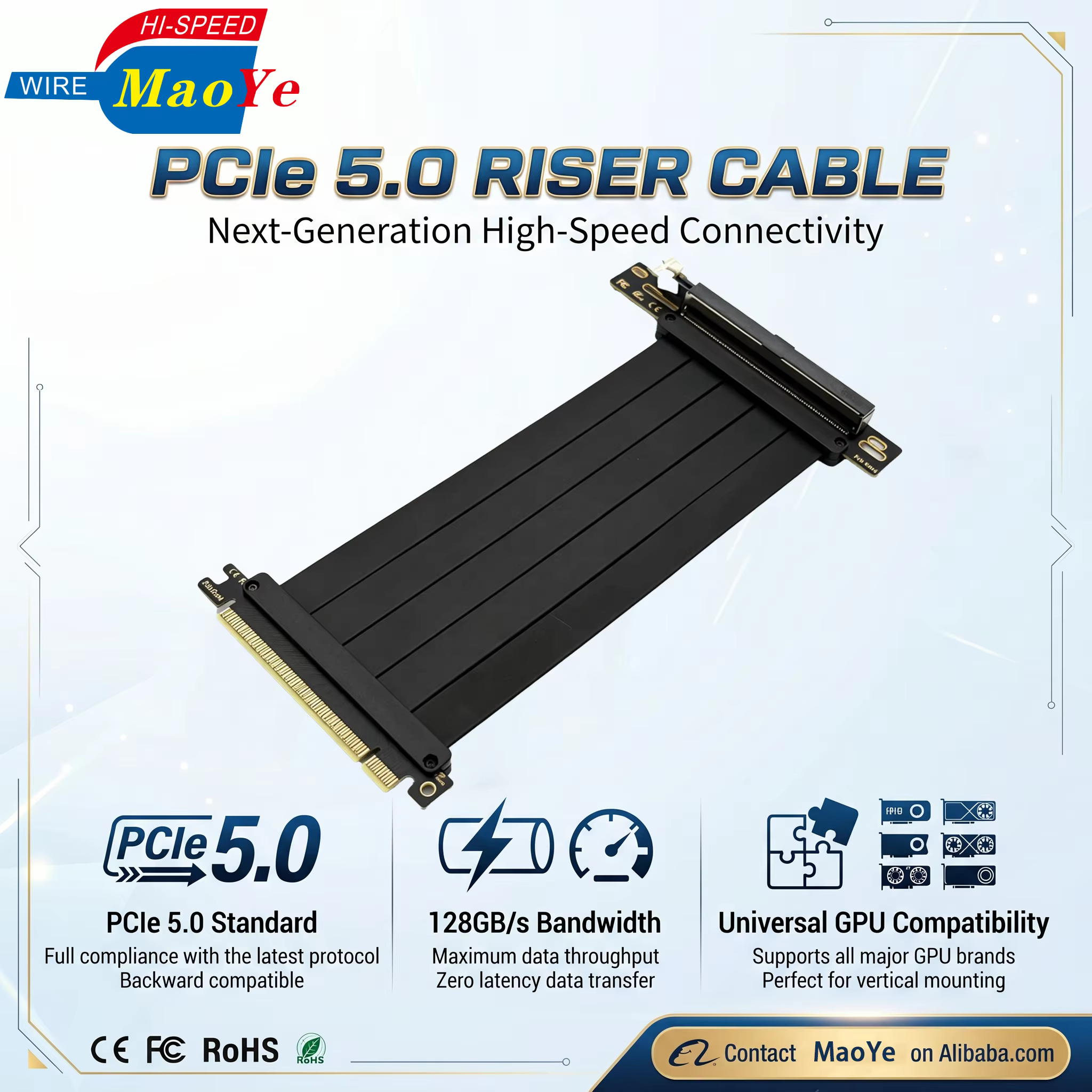 PCIe 5.0 X16 Riser Cable 128GB/s 32GT/s Gen5 Full Speed for RTX 5090 Ti 5080 RX 9070 XT Backward Compatible PCIe 4.0