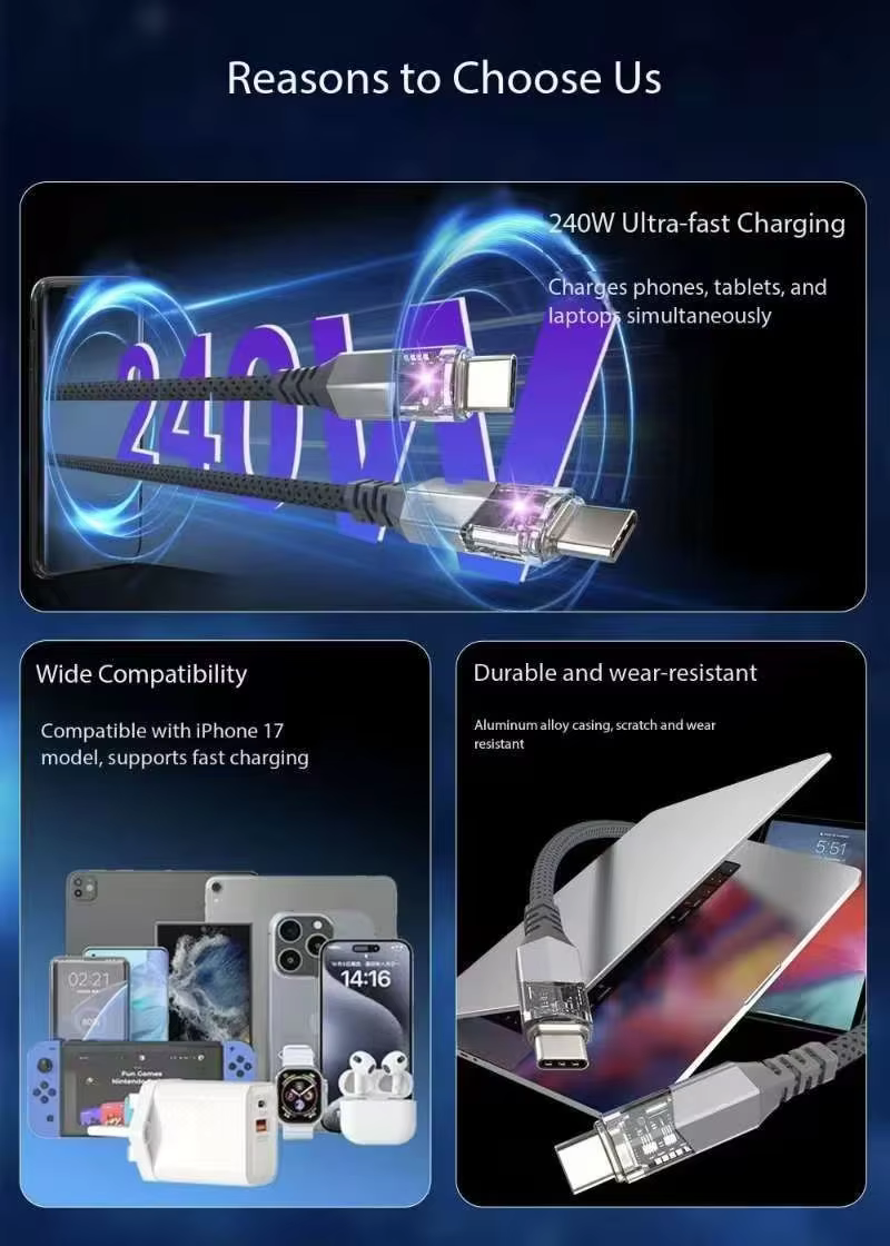 USB-C 轉 USB-C 240W 屏蔽 USB 2.0 資料與充電線