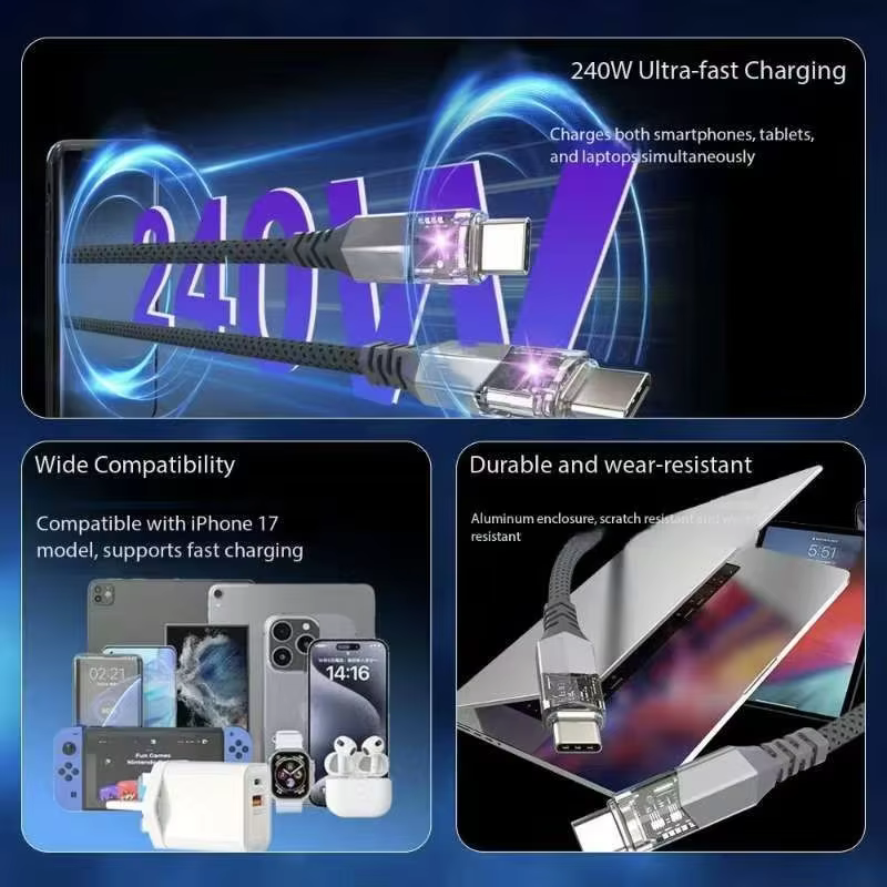 USB-C 轉 USB-C 240W 屏蔽 USB 2.0 資料與充電線
